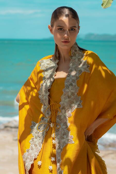 Pds By Sneha_Yellow Silk Embroidered Open Long Dress With Cape  _at_Aza_Fashions