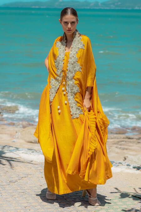 Buy_Pds By Sneha_Yellow Silk Embroidered Open Long Dress With Cape  