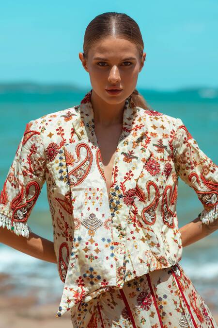 Shop_Pds By Sneha_Ivory Organza, Crepe, , Satin Embroidery, Wrap Skirt With Jacket _Online_at_Aza_Fashions