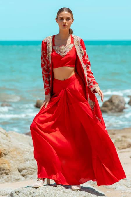 Pds By Sneha Long Embroidered Cape Draped Skirt Set 