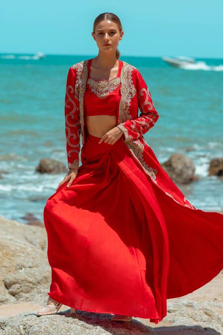 Pds By Sneha_Red Silk Beads, Embroidery Sweetheart Neck Long Cape Draped Skirt Set _Online_at_Aza_Fashions