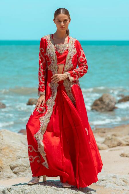 Buy_Pds By Sneha_Red Silk Beads, Embroidery Sweetheart Neck Long Cape Draped Skirt Set _Online_at_Aza_Fashions