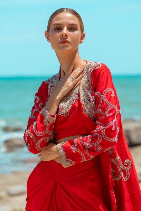 Pds By Sneha_Red Silk Beads, Embroidery Sweetheart Neck Long Cape Draped Skirt Set _at_Aza_Fashions