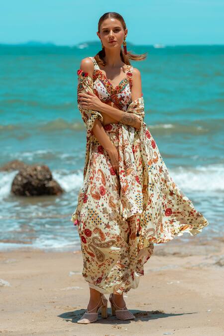 Pds By Sneha Ivory Crepe Embroidery, Sequins, Beads V-neck Paisley Print Cape Dhoti Pant Set Online at Aza Fashions Pds By Sneha_Ivory Crepe Embroidery, Sequins, Beads V-neck Paisley Print Cape Dhoti Pant Set _Online_at_Aza_Fashions