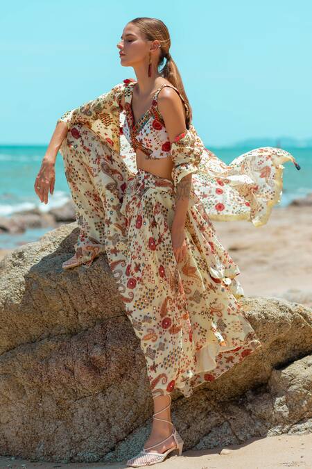 Buy Pds By Sneha Ivory Crepe Embroidery, Sequins, Beads V-neck Paisley Print Cape Dhoti Pant Set Buy_Pds By Sneha_Ivory Crepe Embroidery, Sequins, Beads V-neck Paisley Print Cape Dhoti Pant Set