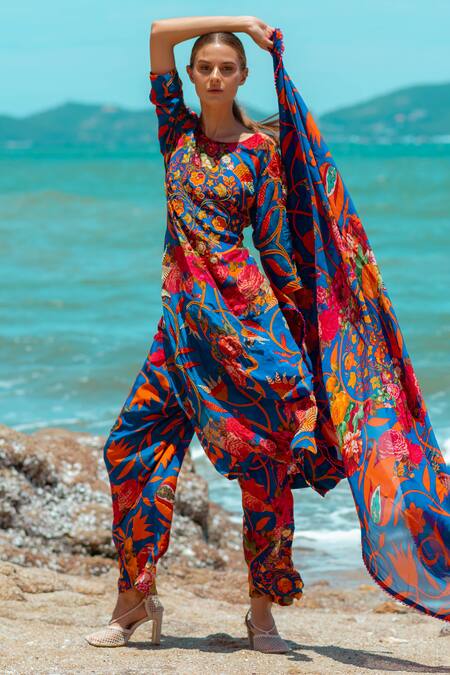 Pds By Sneha_Blue Crepe Beads Round Neck Floral Print Cape Pant Set _Online_at_Aza_Fashions