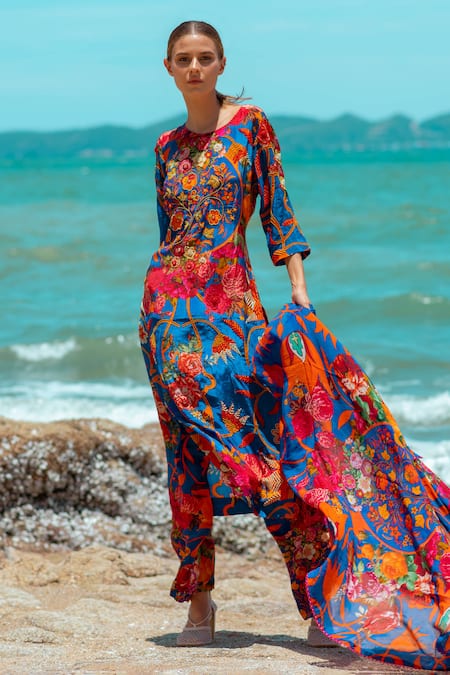 Buy_Pds By Sneha_Blue Crepe Beads Round Neck Floral Print Cape Pant Set _Online_at_Aza_Fashions