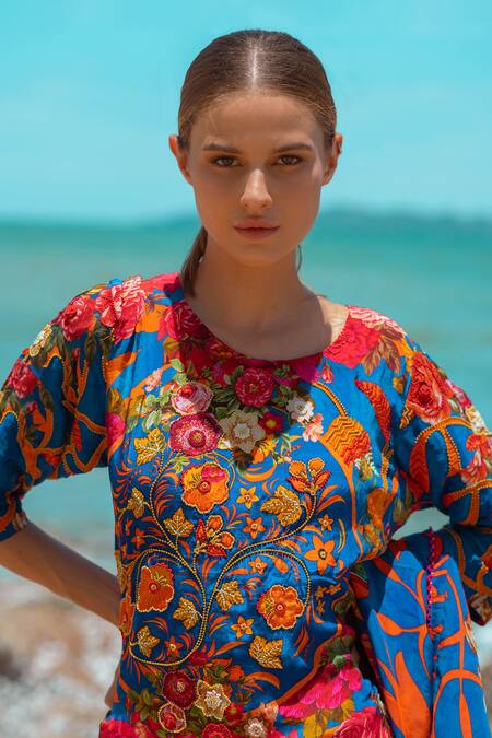 Shop_Pds By Sneha_Blue Crepe Beads Round Neck Floral Print Cape Pant Set _Online_at_Aza_Fashions