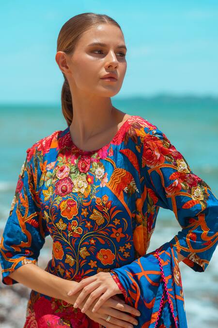 Pds By Sneha_Blue Crepe Beads Round Neck Floral Print Cape Pant Set _at_Aza_Fashions