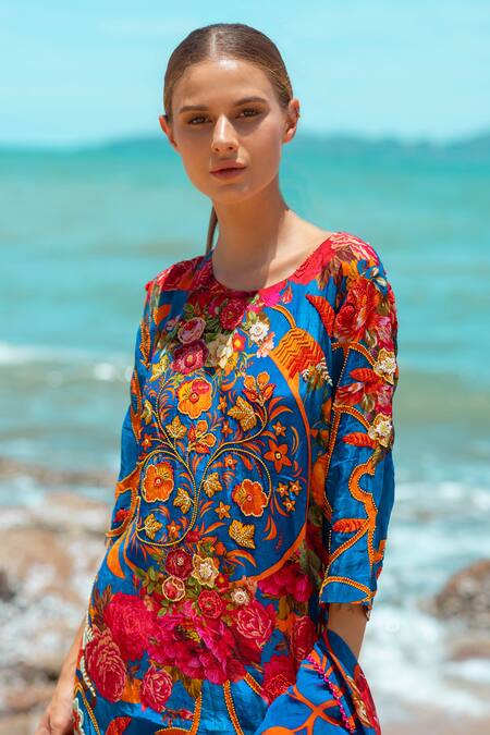 Buy_Pds By Sneha_Blue Crepe Beads Round Neck Floral Print Cape Pant Set 