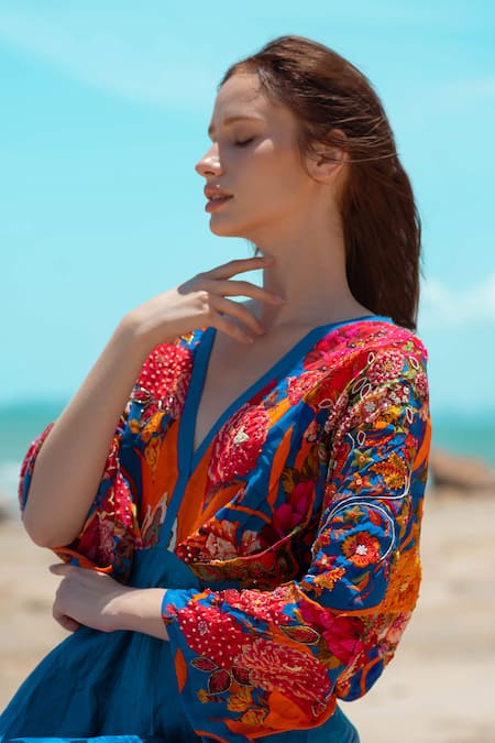 Buy_Pds By Sneha_Blue Crepe Embroidered Bead V Neck Printed Midi Dress  _Online_at_Aza_Fashions