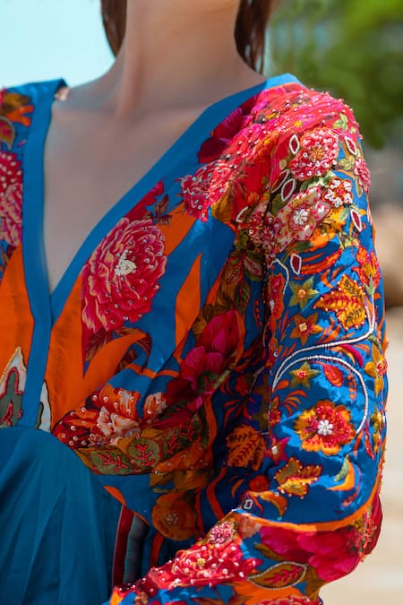 Shop_Pds By Sneha_Blue Crepe Embroidered Bead V Neck Printed Midi Dress  _Online_at_Aza_Fashions
