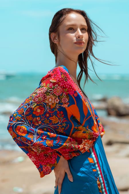 Pds By Sneha_Blue Crepe Embroidered Bead V Neck Printed Midi Dress  _at_Aza_Fashions