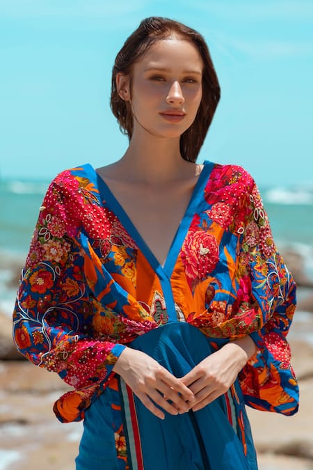 Buy_Pds By Sneha_Blue Crepe Embroidered Bead V Neck Printed Midi Dress  