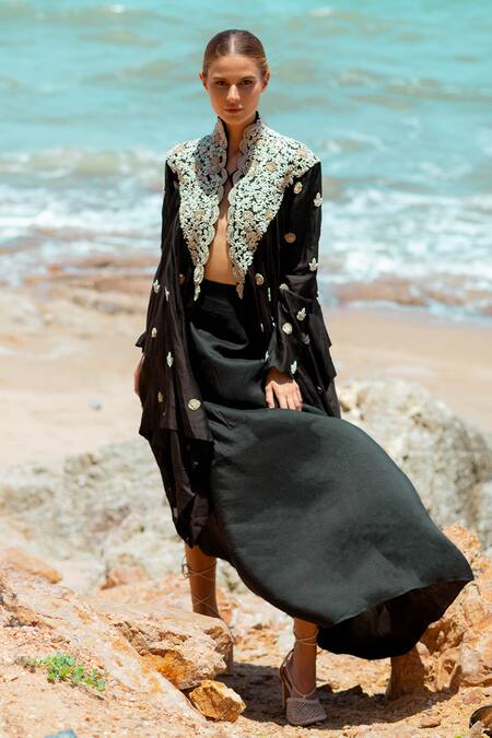 Pds By Sneha_Black Silk Beads High Neck Embroidered Jacket Kurta With Draped Skirt _Online_at_Aza_Fashions