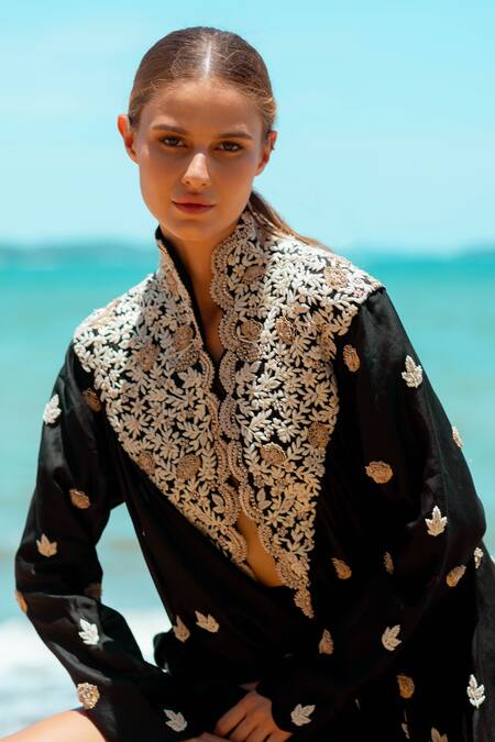 Buy_Pds By Sneha_Black Silk Beads High Neck Embroidered Jacket Kurta With Draped Skirt _Online_at_Aza_Fashions