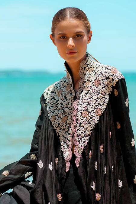 Shop_Pds By Sneha_Black Silk Beads High Neck Embroidered Jacket Kurta With Draped Skirt _Online_at_Aza_Fashions