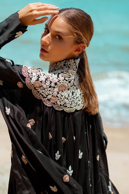 Pds By Sneha_Black Silk Beads High Neck Embroidered Jacket Kurta With Draped Skirt _at_Aza_Fashions