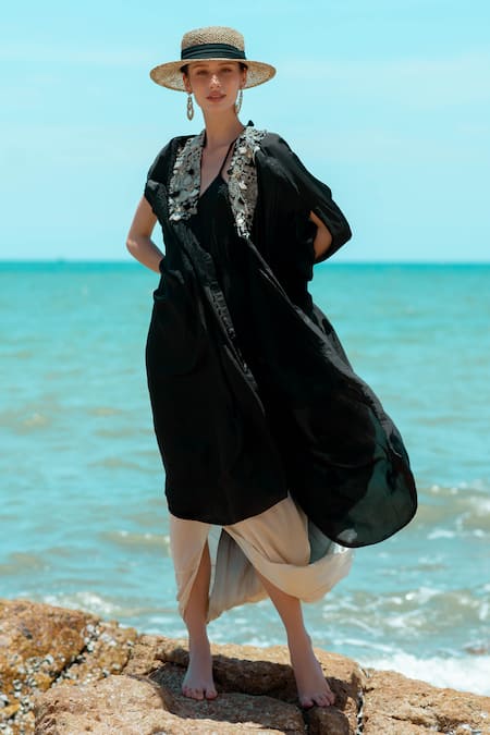 Buy_Pds By Sneha_Black Silk Embroidered Bead Plunging Ombre Sling Dress With Cape  _Online_at_Aza_Fashions