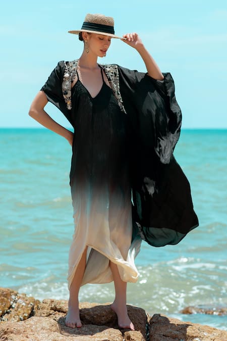 Shop_Pds By Sneha_Black Silk Embroidered Bead Plunging Ombre Sling Dress With Cape  _Online_at_Aza_Fashions