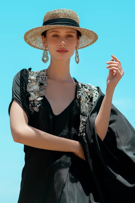 Pds By Sneha_Black Silk Embroidered Bead Plunging Ombre Sling Dress With Cape  _at_Aza_Fashions