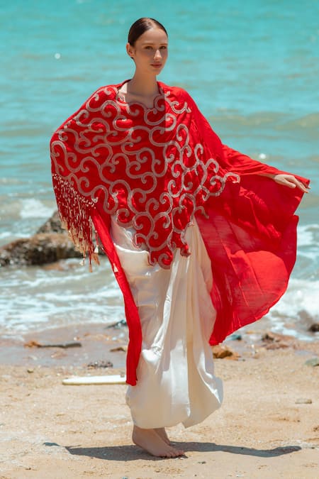 Pds By Sneha_Red Silk, Satin Embroidery Asymmetric Cape Draped Skirt Set _Online_at_Aza_Fashions