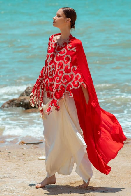 Buy_Pds By Sneha_Red Silk, Satin Embroidery Asymmetric Cape Draped Skirt Set _Online_at_Aza_Fashions