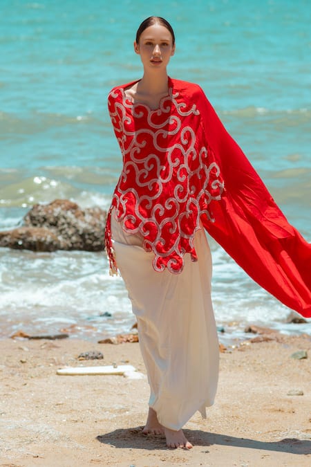 Shop_Pds By Sneha_Red Silk, Satin Embroidery Asymmetric Cape Draped Skirt Set _Online_at_Aza_Fashions