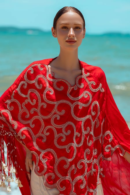 Pds By Sneha_Red Silk, Satin Embroidery Asymmetric Cape Draped Skirt Set _at_Aza_Fashions