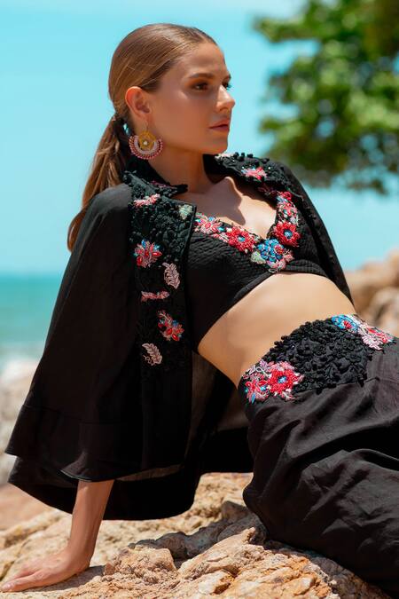 Buy_Pds By Sneha_Black Silk Embroidered Resham Plunging V Floral Jacket Pant Set  _Online_at_Aza_Fashions