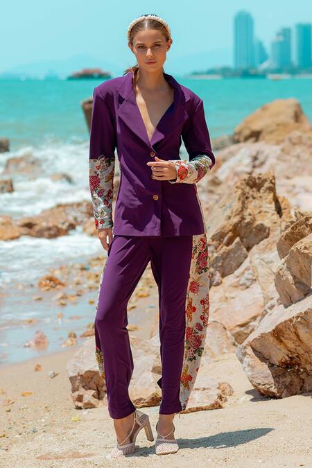 Pds By Sneha_Wine Lycra Embroidered Bead Lapel Collar Floral Blazer And Pant Set  _Online_at_Aza_Fashions