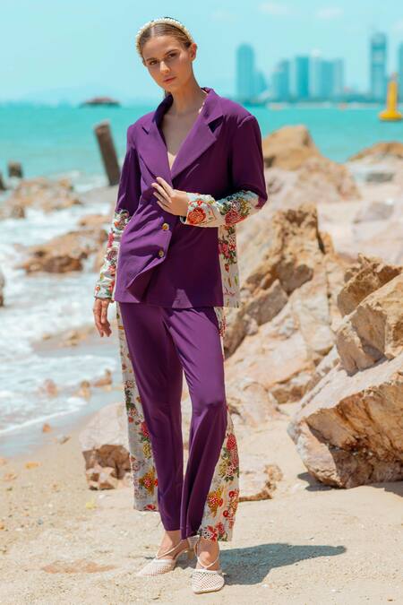 Buy_Pds By Sneha_Wine Lycra Embroidered Bead Lapel Collar Floral Blazer And Pant Set  _Online_at_Aza_Fashions