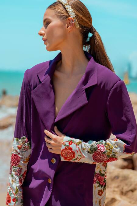Shop_Pds By Sneha_Wine Lycra Embroidered Bead Lapel Collar Floral Blazer And Pant Set  _Online_at_Aza_Fashions