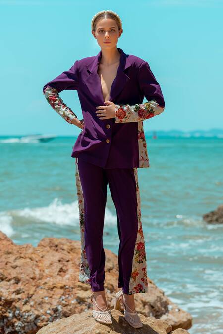 Pds By Sneha_Wine Lycra Embroidered Bead Lapel Collar Floral Blazer And Pant Set  _at_Aza_Fashions