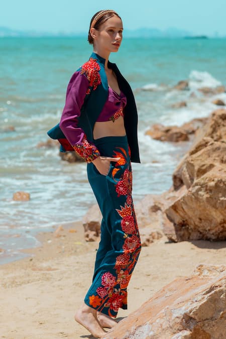 Pds By Sneha Wine Crepe Embroidered Bead Collared Floral Jacket Pant Set Online at Aza Fashions Pds By Sneha_Wine Crepe Embroidered Bead Collared Floral Jacket Pant Set _Online_at_Aza_Fashions