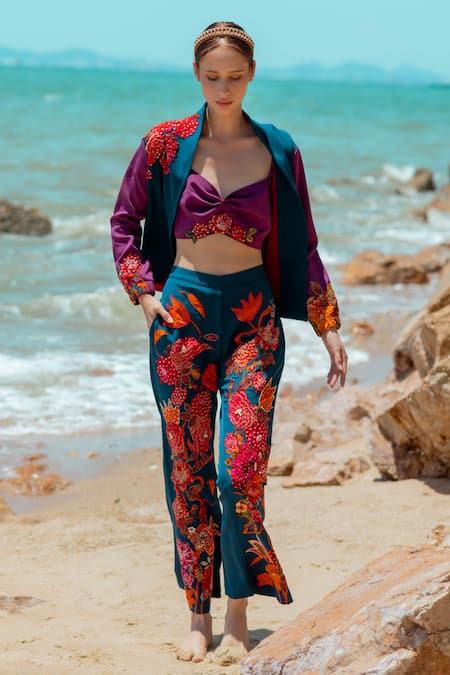 Buy Pds By Sneha Wine Crepe Embroidered Bead Collared Floral Jacket Pant Set Online at Aza Fashions Buy_Pds By Sneha_Wine Crepe Embroidered Bead Collared Floral Jacket Pant Set _Online_at_Aza_Fashions