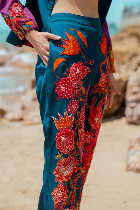 Shop Pds By Sneha Wine Crepe Embroidered Bead Collared Floral Jacket Pant Set Online at Aza Fashions Shop_Pds By Sneha_Wine Crepe Embroidered Bead Collared Floral Jacket Pant Set _Online_at_Aza_Fashions