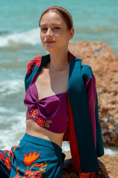 Pds By Sneha Wine Crepe Embroidered Bead Collared Floral Jacket Pant Set at Aza Fashions Pds By Sneha_Wine Crepe Embroidered Bead Collared Floral Jacket Pant Set _at_Aza_Fashions