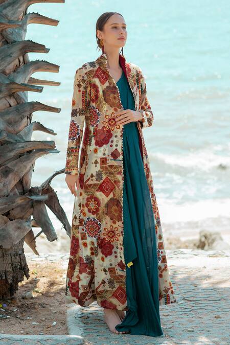 Pds By Sneha_Blue Organza Embroidered Sequin High Long Wrap Dress With Jacket  _Online_at_Aza_Fashions