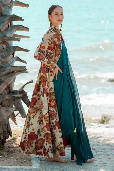 Buy_Pds By Sneha_Blue Organza Embroidered Sequin High Long Wrap Dress With Jacket  _Online_at_Aza_Fashions