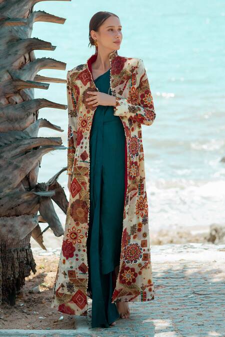 Shop_Pds By Sneha_Blue Organza Embroidered Sequin High Long Wrap Dress With Jacket  _Online_at_Aza_Fashions