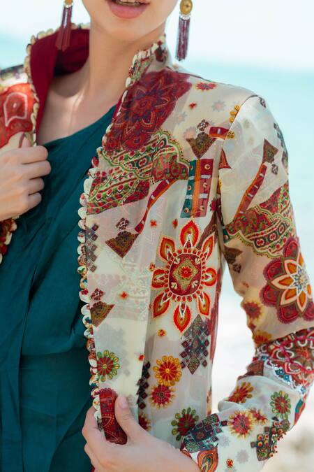 Pds By Sneha_Blue Organza Embroidered Sequin High Long Wrap Dress With Jacket  _at_Aza_Fashions