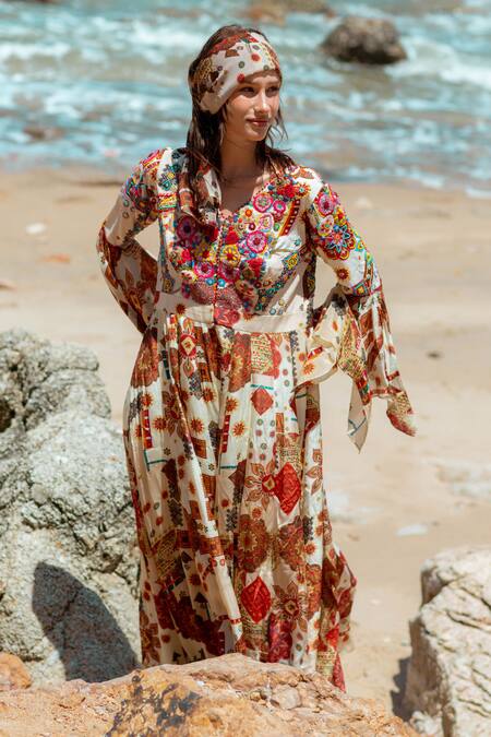 Shop_Pds By Sneha_Ivory Crepe Embroidered Resham V Neck Printed Jumpsuit  _Online_at_Aza_Fashions