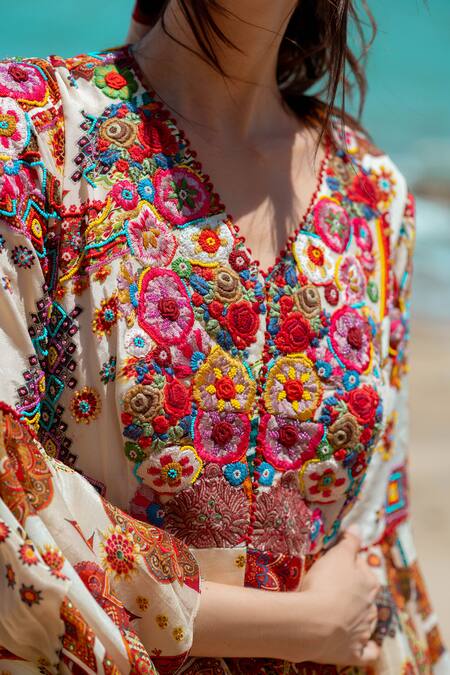 Pds By Sneha_Ivory Crepe Embroidered Resham V Neck Printed Jumpsuit  _at_Aza_Fashions