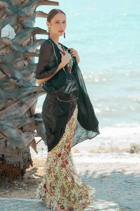 Pds By Sneha_Ivory Organza, Crepe, Cotton Beads, Embroidery V-neck Cutwork Bustier Pant Set _Online_at_Aza_Fashions