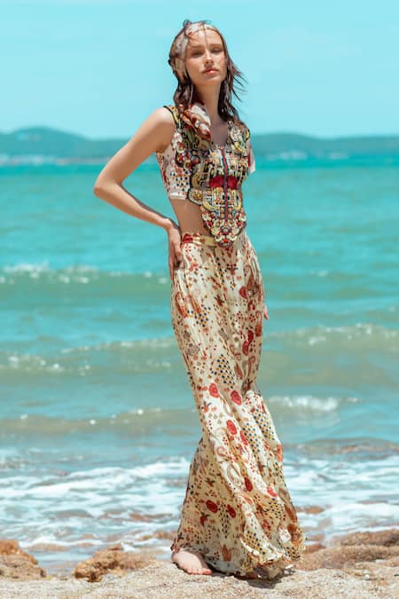 Pds By Sneha_Ivory Organza, Crepe, Cotton Beads, Embroidery V-neck Cutwork Bustier Pant Set _at_Aza_Fashions