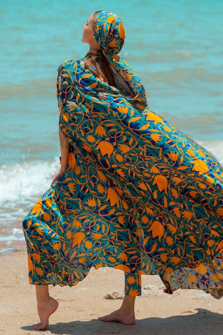 Pds By Sneha Printed Long Cape Pant Set 