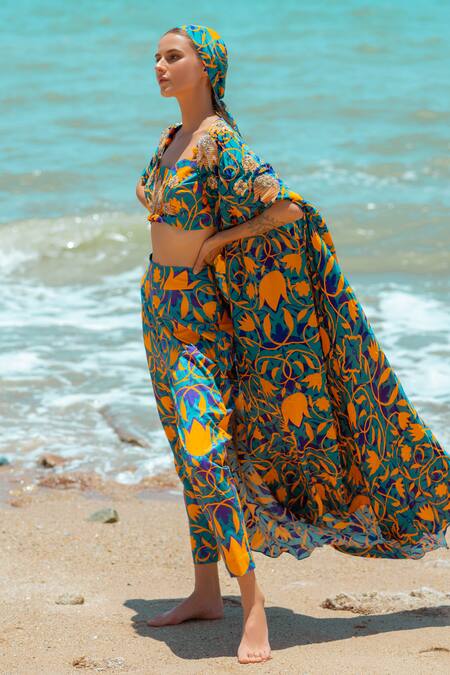Pds By Sneha_Orange Crepe Embroidered Sequin Asymmetric Printed Long Cape Pant Set _Online_at_Aza_Fashions