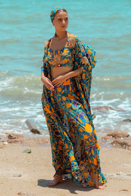 Buy_Pds By Sneha_Orange Crepe Embroidered Sequin Asymmetric Printed Long Cape Pant Set _Online_at_Aza_Fashions