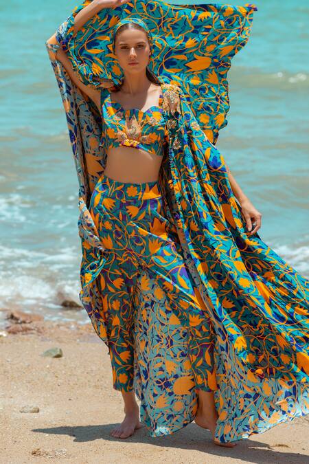 Shop_Pds By Sneha_Orange Crepe Embroidered Sequin Asymmetric Printed Long Cape Pant Set _Online_at_Aza_Fashions
